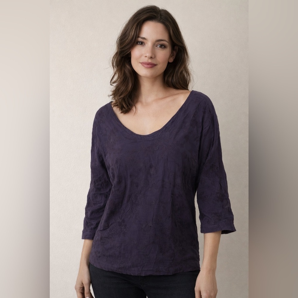 CP Shades | Purple Floral Embroidered V Neck 3/4 Sleeve Blouse Top Lagenlook Art